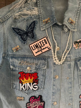 Load image into Gallery viewer, Faith Inspired Embellished Denim Jacket (Size Medium) | Custom Christian Statement Jacket