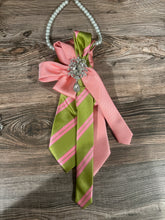 Load image into Gallery viewer, Pink & Green Upcycled Women’s Necktie Necklace with Pearls | Statement Tie Jewelry with Brooch Choice