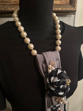 Load image into Gallery viewer, Couture Polka Dot Necktie Statement Necklace with Rhinestone Lady Brooch | One of a Kind Wearable Art