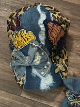 Load image into Gallery viewer, Custom Denim Statement Set – Embellished Hat & Designer-Inspired Tie with Afrocentric Art