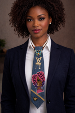 Load image into Gallery viewer, Embellished Denim Tie Necklace – Afrocentric Statement Piece with Pearl Strand & Butterfly Brooch