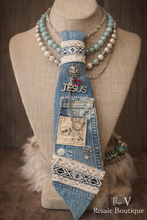 Load image into Gallery viewer, Upcycled Denim Tie Statement Necklace – Faith Inspired Boho Jewelry