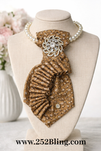 Load image into Gallery viewer, Elegant Jacquard Ascot Necklace with Pearl Strand & Crystal Floral Brooch