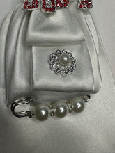 Load image into Gallery viewer, White Satin Statement Tie Necklace with Red Rhinestone Elephant Brooch | Pearl & Crystal Couture Accessory