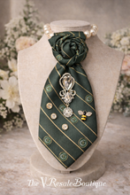 Load image into Gallery viewer, Green Striped Necktie Statement Necklace with Crystal Brooch and Bee Accent