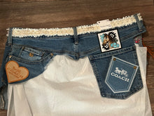Load image into Gallery viewer, Upcycled Denim Apron Skirt with Fringe & Embellished Pockets | Western Boho Statement Piece