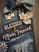 Load image into Gallery viewer, Upcycled Denim Necktie Necklace “Blessed & Highly Favored” | Handmade Statement Necklace | Faith Inspired Denim Jewelry