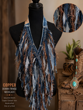 Load image into Gallery viewer, Copper Denim Fringe Necklace | Handmade Upcycled Denim Statement Necklace | Western Boho Festival Accessory | One-of-a-Kind Wearable Art