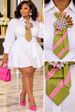 Load image into Gallery viewer, Pink & Olive Green Upcycled Necktie Necklace | Pearl Statement Tie with Rhinestone Brooch | One-of-a-Kind Wearable Art