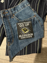 Load image into Gallery viewer, Women’s Size 16 Upcycled Denim Blazer | One-of-a-Kind Faith-Inspired Patchwork Statement Jacket