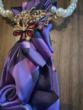 Load image into Gallery viewer, Purple Satin Statement Tie with Butterfly Brooch | Pearl Collar Embellished Tie | Elegant Women’s Neck Tie Accessory