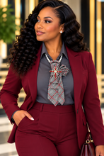 Load image into Gallery viewer, Houndstooth Plaid Upcycled Necktie Necklace with Red Jeweled Brooch & Pearls | Women’s Statement Tie