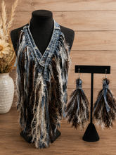 Load image into Gallery viewer, Upcycled Denim Fringe Necklace & Tassel Earrings Set | Handmade Boho Western Statement Jewelry