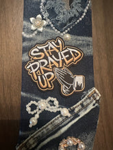 Load image into Gallery viewer, “Stay Prayed Up” Distressed Denim Statement Tie | Pearl & Rhinestone Faith Accessory