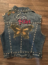 Load image into Gallery viewer, Women’s Upcycled Denim Statement Vest | Pearl & Rhinestone Embellished | “God’s Girl” Patchwork Fashion Vest