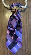 Load image into Gallery viewer, Purple Satin Statement Tie with Butterfly Brooch | Pearl Collar Embellished Tie | Elegant Women’s Neck Tie Accessory