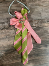 Load image into Gallery viewer, Pink & Green Upcycled Women’s Necktie Necklace with Pearls | Statement Tie Jewelry with Brooch Choice