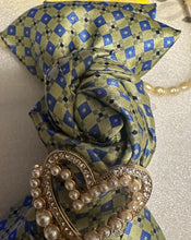 Load image into Gallery viewer, Upcycled Green and Blue patterned Necktie Pearl Necklace with Vintage inspired Heart & Bow Brooch Accents