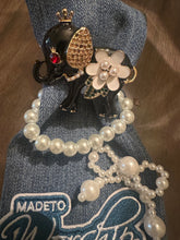 Load image into Gallery viewer, Faith-Inspired Denim Statement Tie Necklace | Handmade Embellished Pearl & Brooch Tie