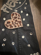 Load image into Gallery viewer, “FIERCE” Black Statement Tie Necklace with Rhinestones & Leopard Heart Accents – Bold Upcycled Fashion Piece