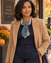Load image into Gallery viewer, Blue & Gold Upcycled Necktie Statement Necklace with Pearls & Brooch