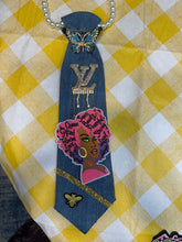 Load image into Gallery viewer, Embellished Denim Tie Necklace – Afrocentric Statement Piece with Pearl Strand & Butterfly Brooch