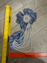 Load image into Gallery viewer, Lady Blue Pearl | Handmade Upcycled Women’s Statement Necktie with Cascading Pearls & Crystal Brooch