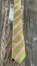 Load image into Gallery viewer, Pink &amp; Olive Green Upcycled Necktie Necklace | Pearl Statement Tie with Rhinestone Brooch | One-of-a-Kind Wearable Art
