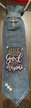 Load image into Gallery viewer, Faith-Inspired Denim Statement Tie | “She Who Kneels Before God” | Handmade Boutique Neckwear
