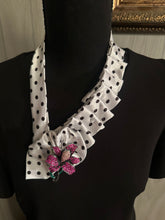 Load image into Gallery viewer, Polka Dot Ruffle Statement Tie Necklace with Rhinestone Floral Brooch
