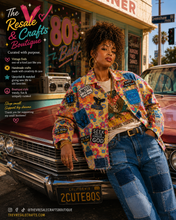 Load image into Gallery viewer, Retro Faith Patchwork Jacket | Upcycled 80s Statement Denim | One of a Kind Boutique Piece

