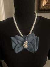 Load image into Gallery viewer, Denim Bow Pearl Statement Necklace with Rhinestone Center SculptFold™ Bow Necklace
