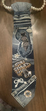 Load image into Gallery viewer, “Stay Prayed Up” Distressed Denim Statement Tie | Pearl &amp; Rhinestone Faith Accessory
