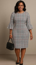 Load image into Gallery viewer, Size 1X grey plaid sheath dress with three-quarter bell sleeves
