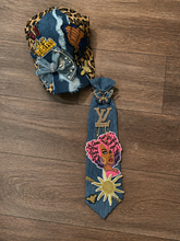 Load image into Gallery viewer, Custom Denim Statement Set – Embellished Hat &amp; Designer-Inspired Tie with Afrocentric Art
