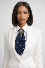 Load image into Gallery viewer, Navy Blue Statement Necktie Necklace with Gold Bow Brooch &amp; Pearl Drop Accent
