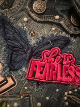 Load image into Gallery viewer, Women’s Upcycled Denim Statement Vest | Pearl &amp; Rhinestone Embellished | “God’s Girl” Patchwork Fashion Vest
