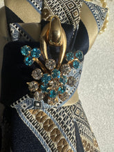 Load image into Gallery viewer, Upcycled Necktie Pearl Necklace – Navy, Gold &amp; Silver Statement Brooch Design
