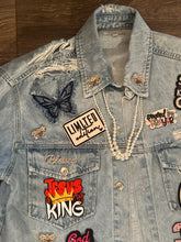 Load image into Gallery viewer, Faith Inspired Embellished Denim Jacket (Size Medium) | Custom Christian Statement Jacket
