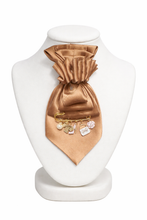 Load image into Gallery viewer, Champagne Satin Statement Bow Necklace with Charm Detail SculptFold™ Necktie Necklace
