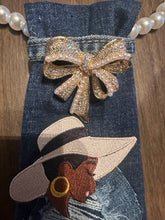 Load image into Gallery viewer, Denim Statement Necklace – Pearl Chain with Embellished Afrocentric Patchwork Pendant
