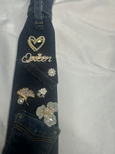 Load image into Gallery viewer, Denim Tie Necklace with Faux Pearls and Queen Charms | Statement Upcycled Denim Jewelry

