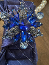 Load image into Gallery viewer, Royal Blue Pearl Necklace Tie with Rhinestone Brooch – Handmade Statement Necklace Tie for Women | 252 Bling &amp; The V Resale Boutique
