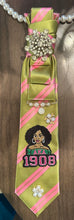 Load image into Gallery viewer, AKA 1908 Pink and Green Necktie Necklace | Alpha Kappa Alpha Inspired Statement Jewelry | Handmade Pearl Tie Necklace | Sorority Inspired Fashio
