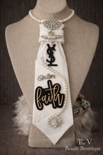 Load image into Gallery viewer, Faith Statement White Necktie | Queen Faith Christian Tie | Pearl Rhinestone Designer Inspired Accessory
