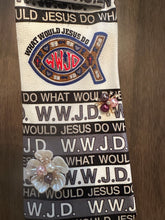 Load image into Gallery viewer, WWJD Christian Necktie Statement Necklace with Cross Brooch | Faith Inspired Handmade Jewelry | Christian Boutique Statement Necklace
