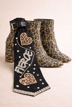 Load image into Gallery viewer, “FIERCE” Black Statement Tie Necklace with Rhinestones &amp; Leopard Heart Accents – Bold Upcycled Fashion Piece
