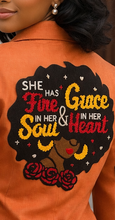 Load image into Gallery viewer, “Grace &amp; Fire Statement Blazer – Faith-Inspired Embroidered Jacket” size medium l
