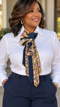 Load image into Gallery viewer, Navy &amp; Floral Layered Statement Necktie with Jeweled Brooch | 17-Inch Women’s Tie
