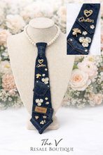 Load image into Gallery viewer, Denim Tie Necklace with Faux Pearls and Queen Charms | Statement Upcycled Denim Jewelry
